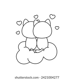 Black and white. Pair of cats on cloud. Coloring page. Color me. Isolated vector illustration eps