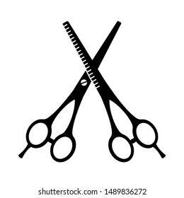 Black and white pair of scissors silhouette Hairdresser tool symbol. Beauty salon themed vector illustration for icon, stamp, label, certificate, brochure, leaflet, poster, coupon or banner decoration