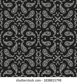 Black and White Paisley Bandana Ornament Print. Vintage Oriental Paisley Seamless Pattern with Poppy Flowers. Boho Style Vector Floral Background. Great for Silk Neck Scarf, Headscarf or Kerchief