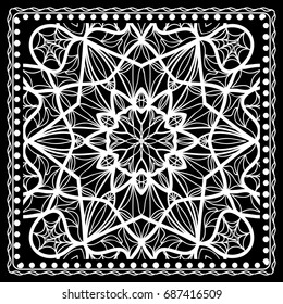 Black and white Paisley Bandana Print with Floral Pattern. Square pattern design for silk neck scarf, kerchief, pillow, carpet.