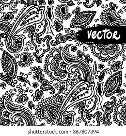 Black and white paisley ornament floral elements on a white background. Vector primitive paisley patterns seamless. Hand drawn vector floral