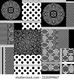 black and white paisley patchwork pattern on black background