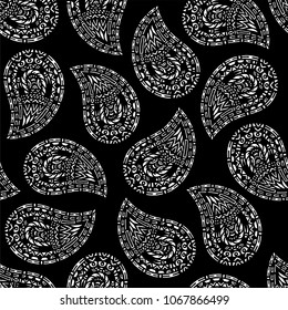 Black and white paisley pattern. Handmade. African, Turkish, Indian, Persian cucumber. Vector illustration.
