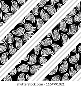 black and white paisley pattern on stripe