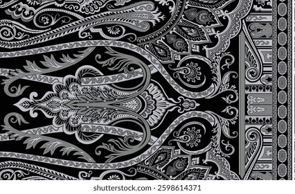 Black and white paisley textile pattern, for textile, wallpaper, gift wrapping.
