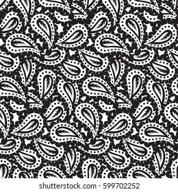 Black and white paisley vector seamless pattern. Bold bohemian print with ethnic Indian, Turkish, Arabic, Moroccan motif. Bright vintage background for retro boho chic textile design and fashion