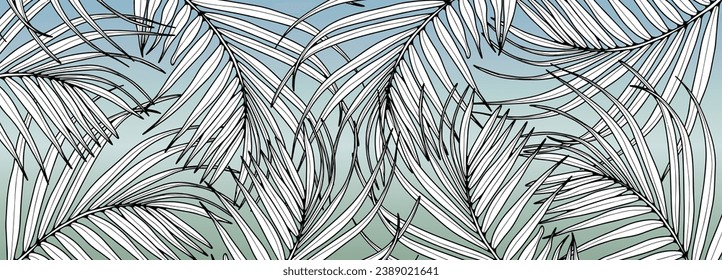 Black and white palm branches on a gradient blue-green background. Flower card, banner, poster, background, wallpaper