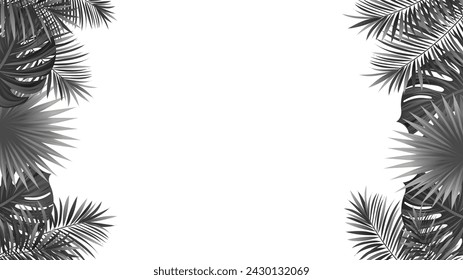 black and white palm leaf frame. Dark tropic foliage vector background. Tropical leaves isolated on a white background. Jungle and amazon rain forest plants. Design for travel, beauty and fashion card