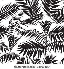 Black And White Palm Leaves Pattern, Seamless Trendy Tropical Fabric Design