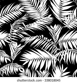 black and white palm leaves pattern, seamless trendy tropical fabric design