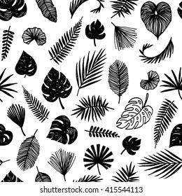 Black and white palm leaves vector background, seamless trendy tropical pattern design