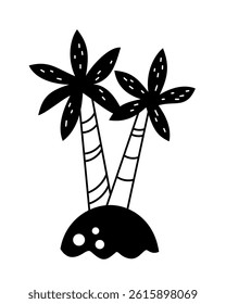 Black and white palm tree on the island clipart in cartoon flat style, isolated hand drawn vector illustration