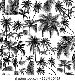 black and white palm tree patchwork pattern on white background