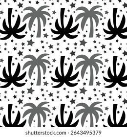 Black And White Palm Tree Seamless Pattern with Stars