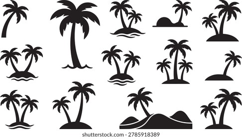 Black and White Palm Trees Tropical Island Silhouettes Vector Collection