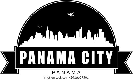 Black and white Panama city buildings skyline negative air space silhouette dome shaped emblem with scroll banner below and name text inside. Vector eps graphic design.
