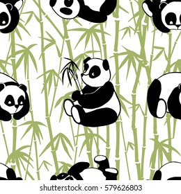 Black and white panda against a background of green bamboo, seamless pattern