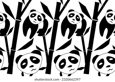 Black and white panda and bamboo. Trendy, stylish, fashionable, seamless vector pattern for design and decoration.