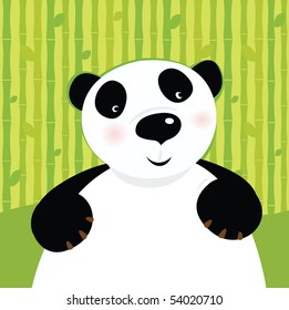 Black and white panda bear on bamboo leaf green background. Stylized vector illustration of cute panda bear. Bamboo trees in background behind animal.