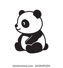 A black and white panda bear is sitting on its back legs. The bear has a smile on its face and he is happy