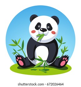 Black & white panda bear sitting on the grass and chewing bamboo tree leaves. Zoo or wild animal cartoon character eating green sprouts. Flat style vector isolated illustration.