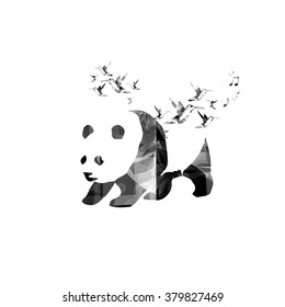 Black and white panda with hummingbirds