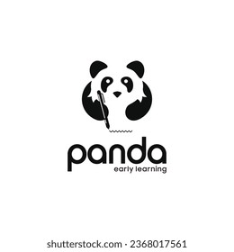 El panda blanco y negro aprende al sostener una inspiración de diseño con el logo de la pluma