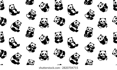 Black and white panda pattern background with various poses and bamboo. Repeating animal wallpaper design for kids fabric or wrapping paper collection.