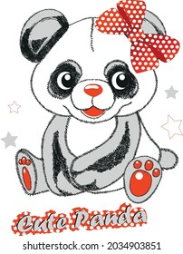 black and white panda with a red bow