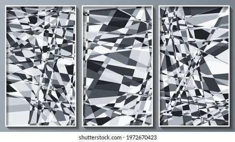 black and white panel of three images in white frames. a variegated surface of many polygons of different shapes and sizes. vector 