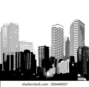 Black and white panorama cities. Vector art