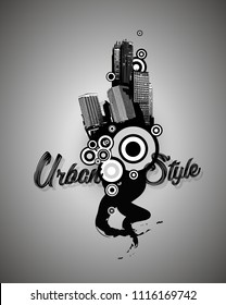 Black and white panorama city. Vector art