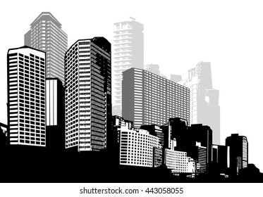 Ciudad panorámica en blanco y negro. Arte vectorial
