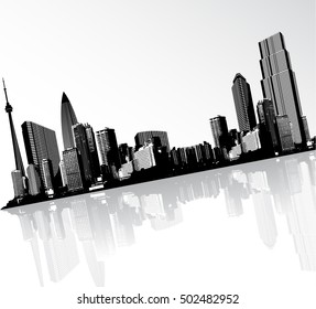 Black and white panorama of cityscape placed in angle.