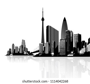 Black and white panorama of cityscapes with bridge between them.