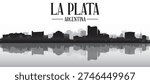 Black and white panoramic poster of the city skyline with misty background buildings and water reflection of LA PLATA, ARGENTINA