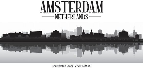 Black and white panoramic poster of the city skyline with misty background buildings and water reflection of AMSTERDAM, NETHERLANDS