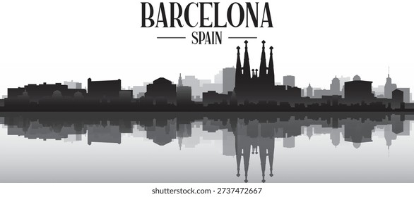 Black and white panoramic poster of the city skyline with misty background buildings and water reflection of BARCELONA, SPAIN