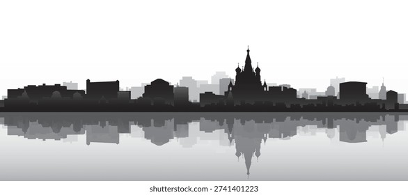 Black and white panoramic poster of the city skyline with misty background buildings and water reflection of MOSCOW, RUSSIA