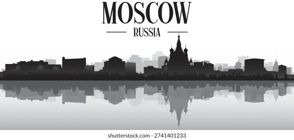 Black and white panoramic poster of the city skyline with misty background buildings and water reflection of MOSCOW, RUSSIA