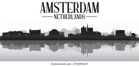Black and white panoramic poster of the city skyline with misty background buildings and water reflection of AMSTERDAM, NETHERLANDS