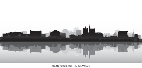 Black and white panoramic poster of the city skyline with misty background buildings and water reflection of AMSTERDAM, NETHERLANDS
