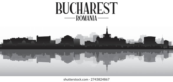 Black and white panoramic poster of the city skyline with misty background buildings and water reflection of BUCHAREST, ROMANIA
