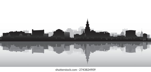 Black and white panoramic poster of the city skyline with misty background buildings and water reflection of AMSTERDAM, NETHERLANDS