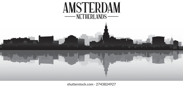 Black and white panoramic poster of the city skyline with misty background buildings and water reflection of AMSTERDAM, NETHERLANDS