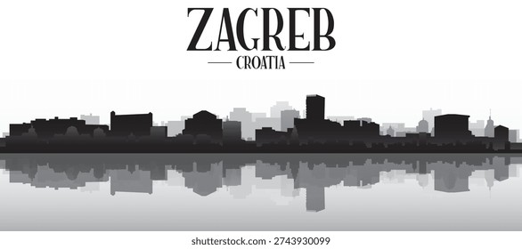 Black and white panoramic poster of the city skyline with misty background buildings and water reflection of ZAGREB, CROATIA