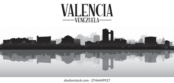 Black and white panoramic poster of the city skyline with misty background buildings and water reflection of VALENCIA, VENEZUELA