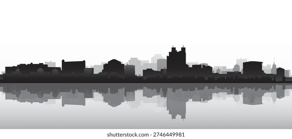 Black and white panoramic poster of the city skyline with misty background buildings and water reflection of BELO HORIZONTE, BRAZIL