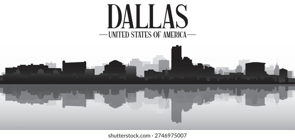 Black and white panoramic poster of the city skyline with misty background buildings and water reflection of DALLAS, UNITED STATES