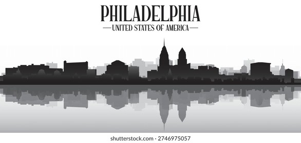 Black and white panoramic poster of the city skyline with misty background buildings and water reflection of PHILADELPHIA, UNITED STATES